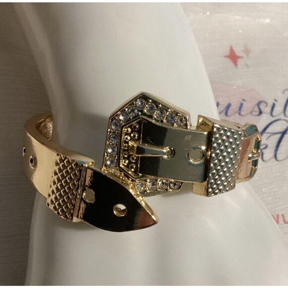 Edgy Gold Belt Buckle Statement Hinged Bracelet Bangle - Picture 1 of 15